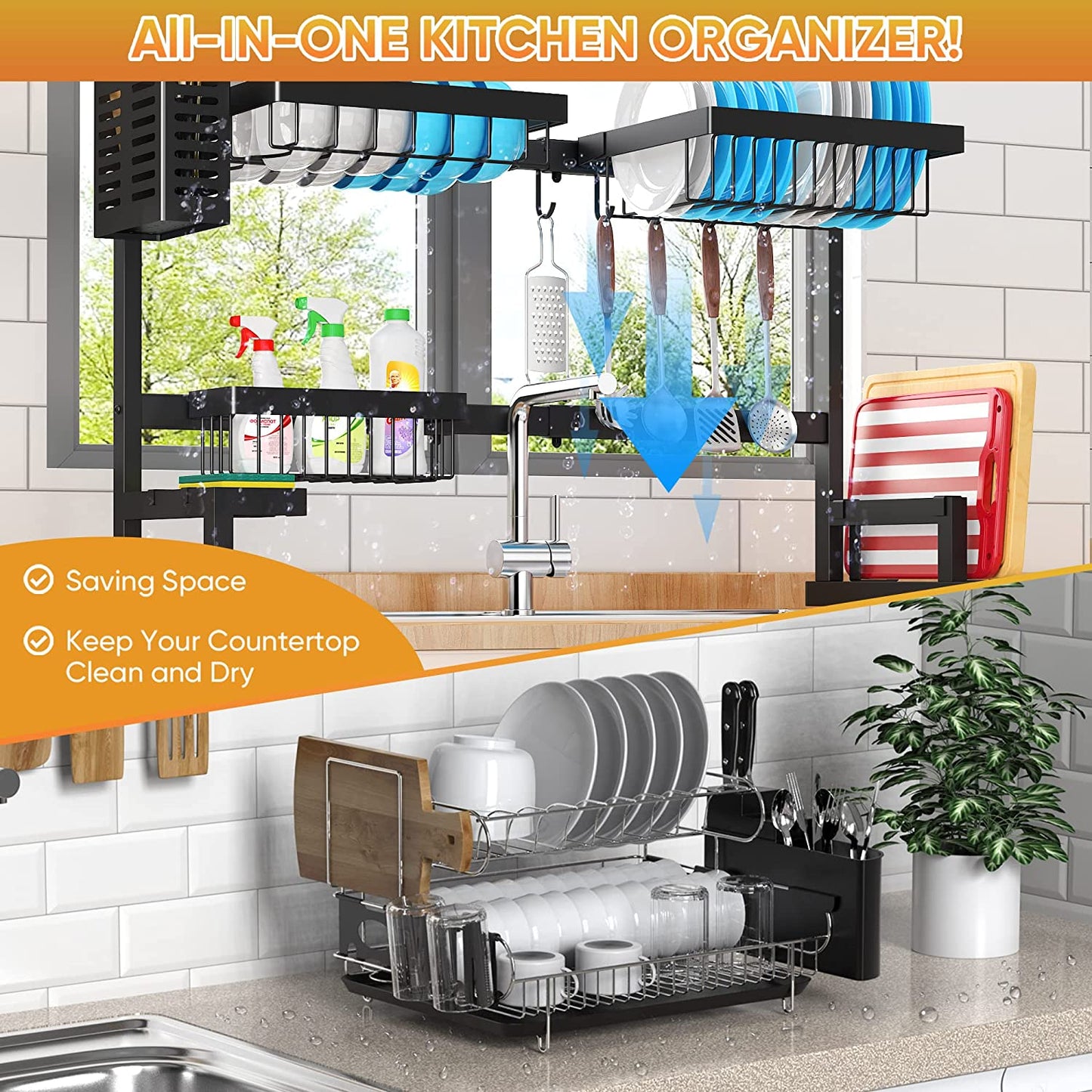 Adjustable Stainless Steel Over-Sink Dish Drying Rack, Large 2-Tier Kitchen Organizer (26"-38") - Black