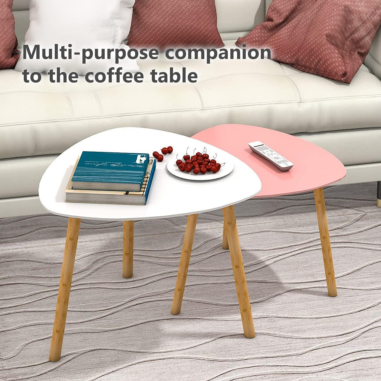 Chic Bamboo Nesting Coffee Tables Set - Modern Triangle End Tables in White & Pink for Stylish Living Rooms and Small Spaces
