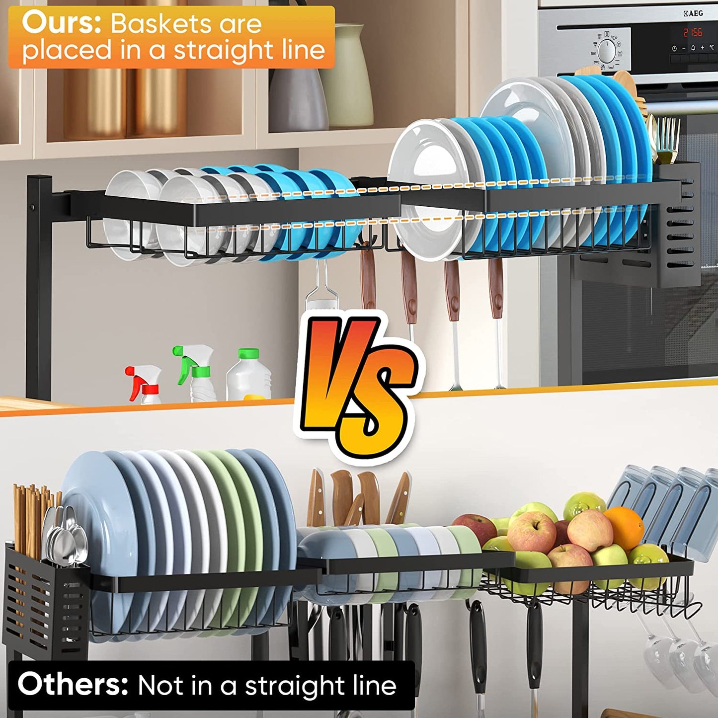 Adjustable Stainless Steel Over-Sink Dish Drying Rack, Large 2-Tier Kitchen Organizer (26"-38") - Black