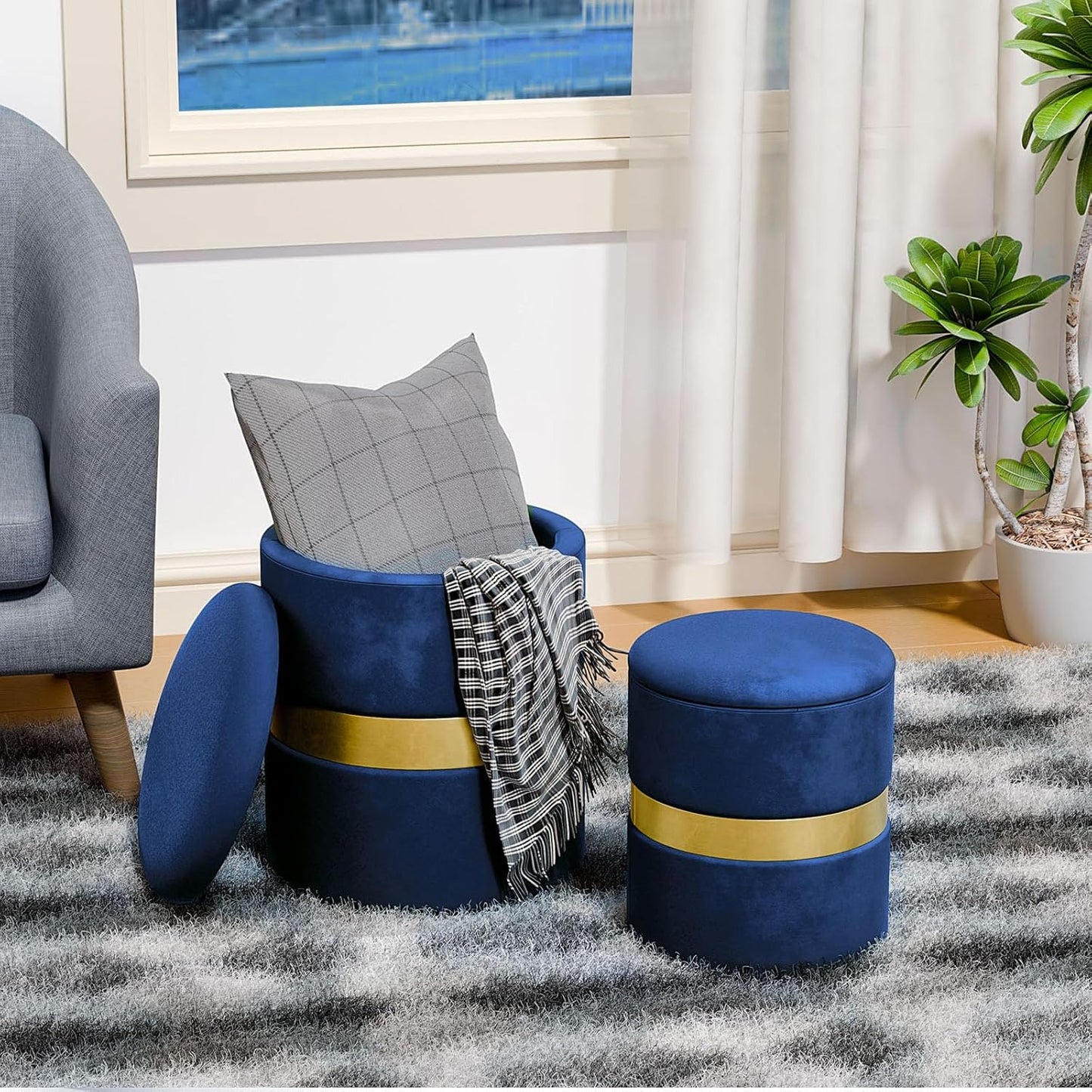 round Set of 2 Ottoman with Storage-Upholstered Velvet Vanity Stool for Makeup Multifunctional Ottomans Padded Seat Foot Rest for Living Room&Bedroom with Metal Band (Blue)