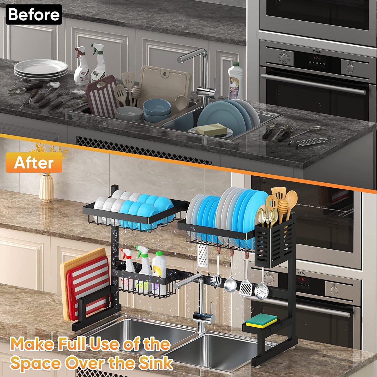 Adjustable Stainless Steel Over-Sink Dish Drying Rack, Large 2-Tier Kitchen Organizer (26"-38") - Black