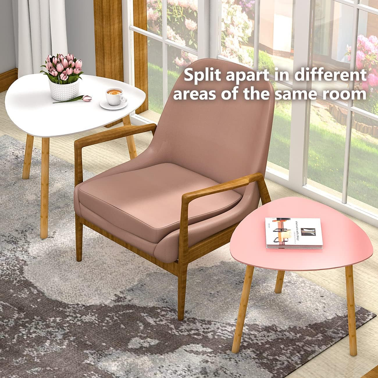 Chic Bamboo Nesting Coffee Tables Set - Modern Triangle End Tables in White & Pink for Stylish Living Rooms and Small Spaces