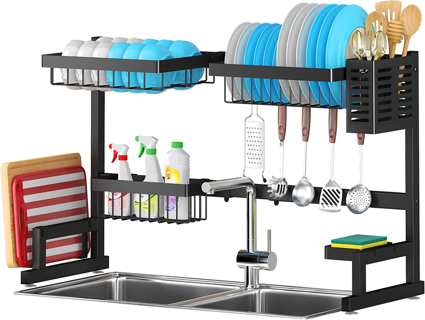 Adjustable Stainless Steel Over-Sink Dish Drying Rack, Large 2-Tier Kitchen Organizer (26"-38") - Black