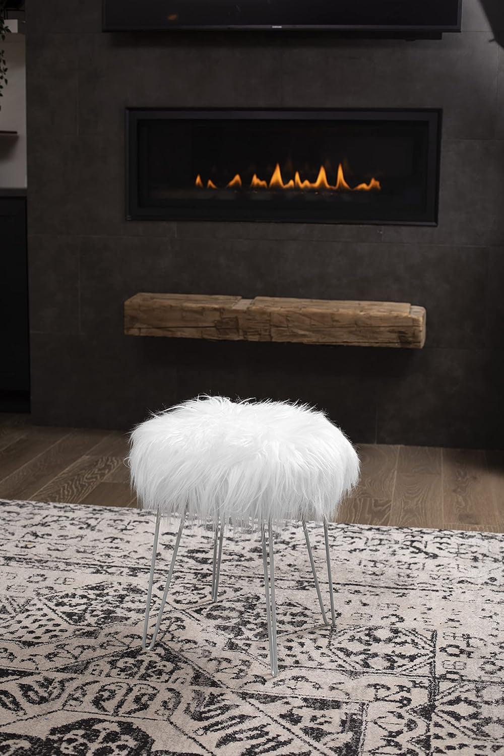 round Faux Fur Foot Stool Ottoman - Soft Compact Padded Vanity Seat with Silver Legs - Durable Wood Frame & Hair Pin Metal Legs - Ideal for Bedroom, Fluffy Makeup Vanity Seat - White