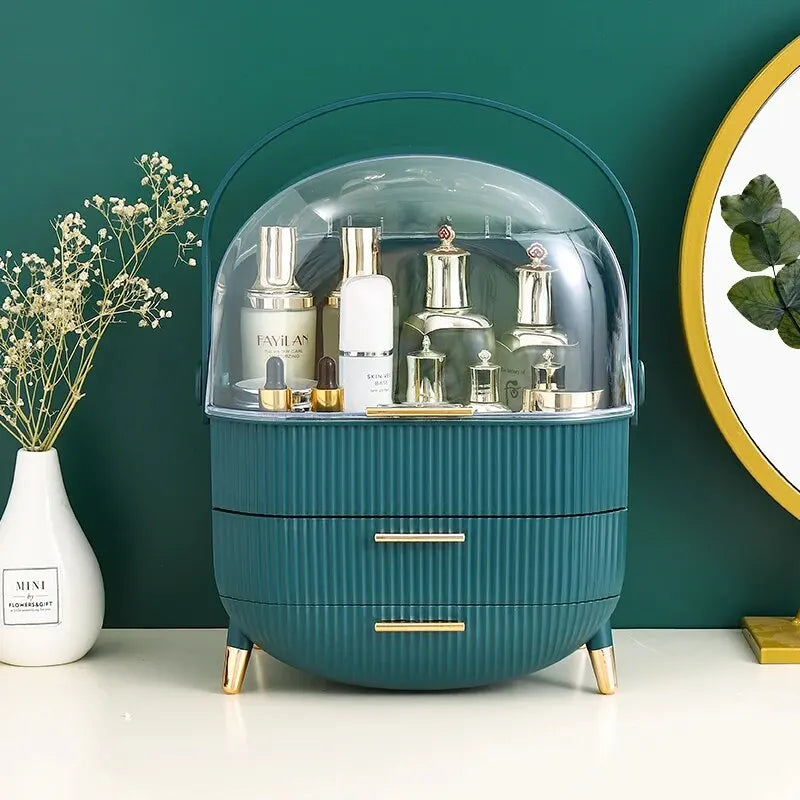 Elegant Large Capacity Makeup Organizer - Stylish Cosmetic Storage Box with Acrylic Lid and Golden Handle