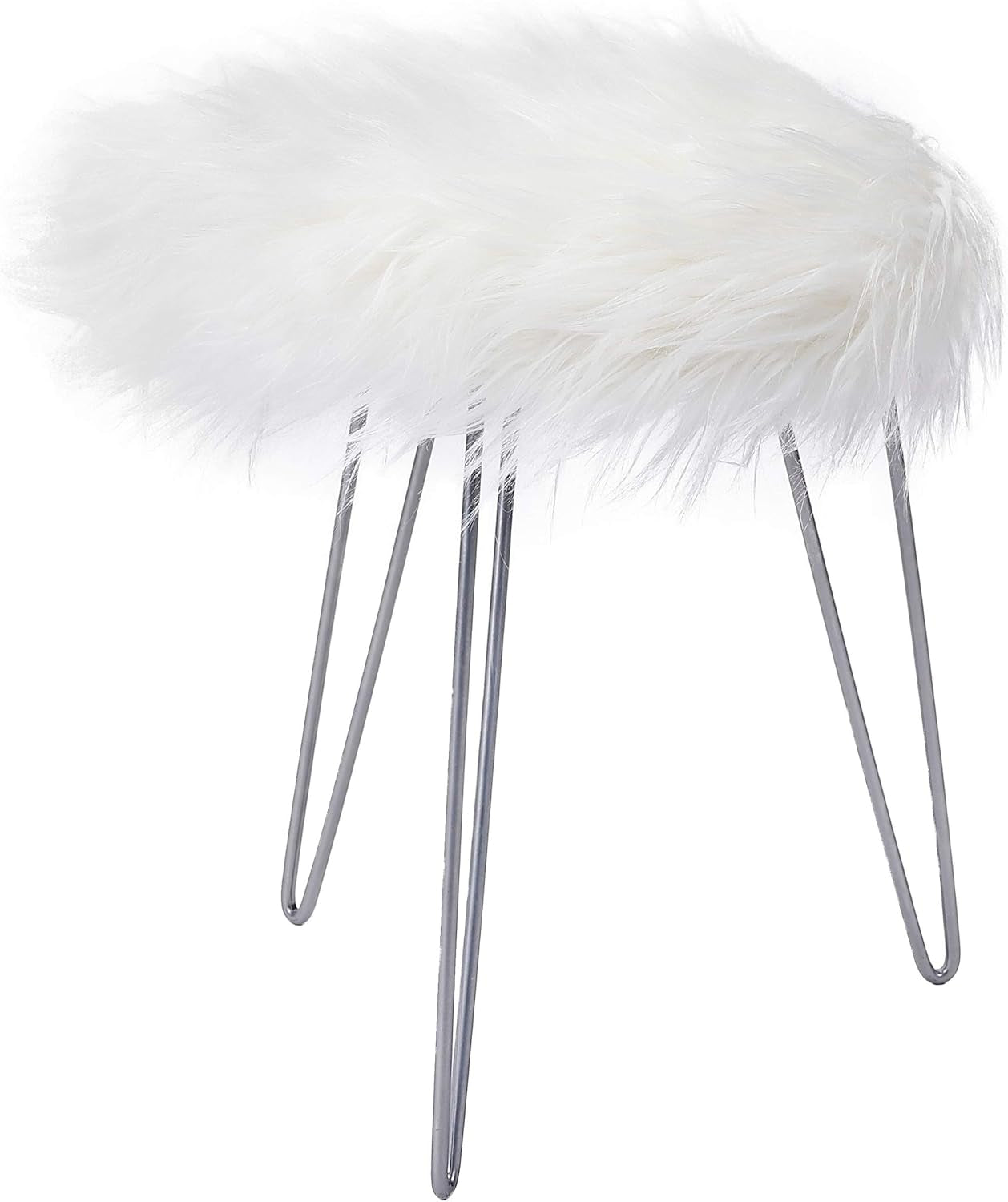 round Faux Fur Foot Stool Ottoman - Soft Compact Padded Vanity Seat with Silver Legs - Durable Wood Frame & Hair Pin Metal Legs - Ideal for Bedroom, Fluffy Makeup Vanity Seat - White