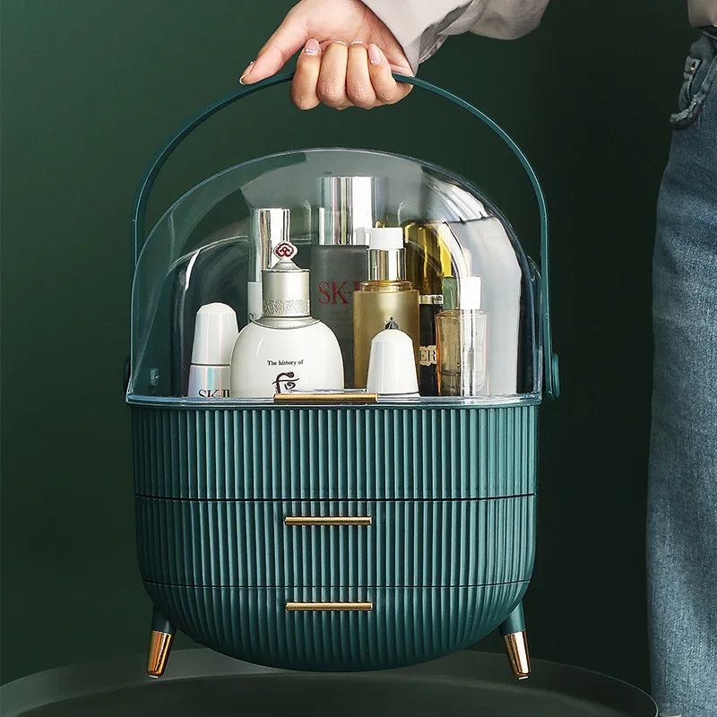 Elegant Large Capacity Makeup Organizer - Stylish Cosmetic Storage Box with Acrylic Lid and Golden Handle