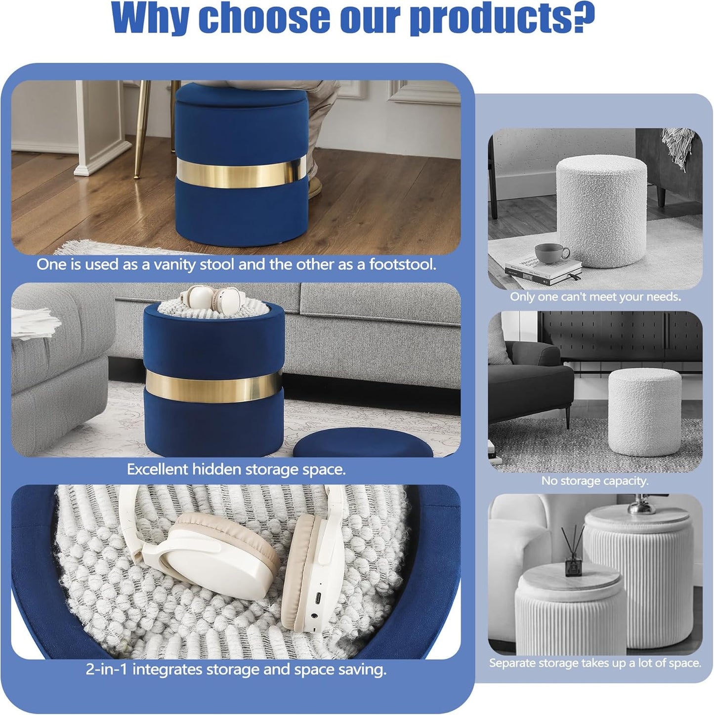round Set of 2 Ottoman with Storage-Upholstered Velvet Vanity Stool for Makeup Multifunctional Ottomans Padded Seat Foot Rest for Living Room&Bedroom with Metal Band (Blue)