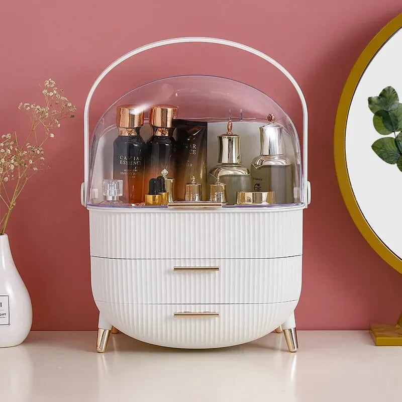 Elegant Large Capacity Makeup Organizer - Stylish Cosmetic Storage Box with Acrylic Lid and Golden Handle