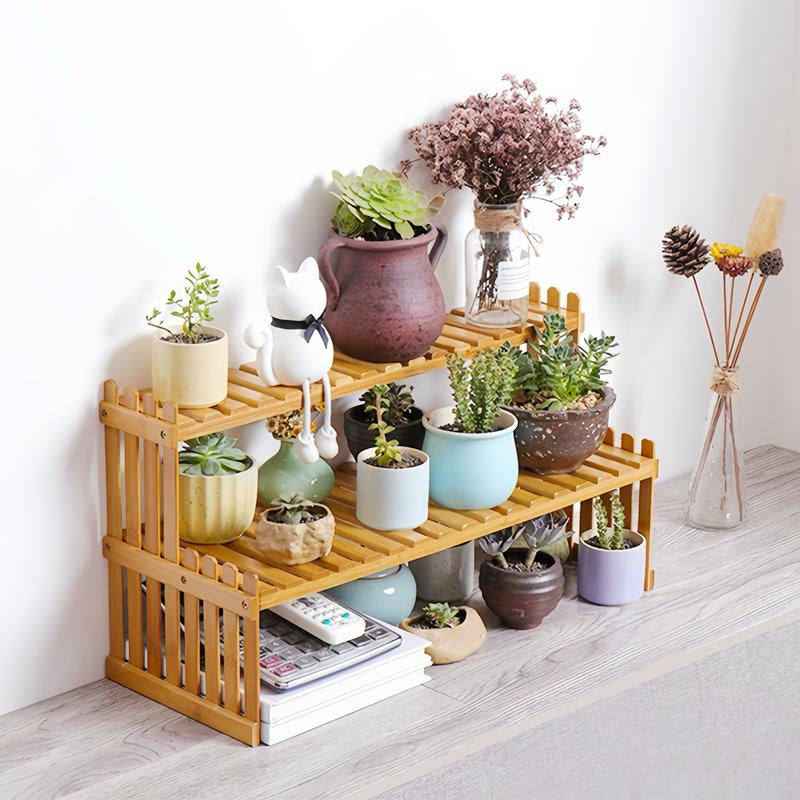 Trending Bamboo Desk Rack, 3-In-1 Plant Display & Storage Small Space Divider Home/Office/Balcony, Stylish MULTI-TIER Plant Stand, Double Duty: Plant Shelf + Book Organizer Natural Wood & Modern Design Perfect for Plant Moms/Dads!