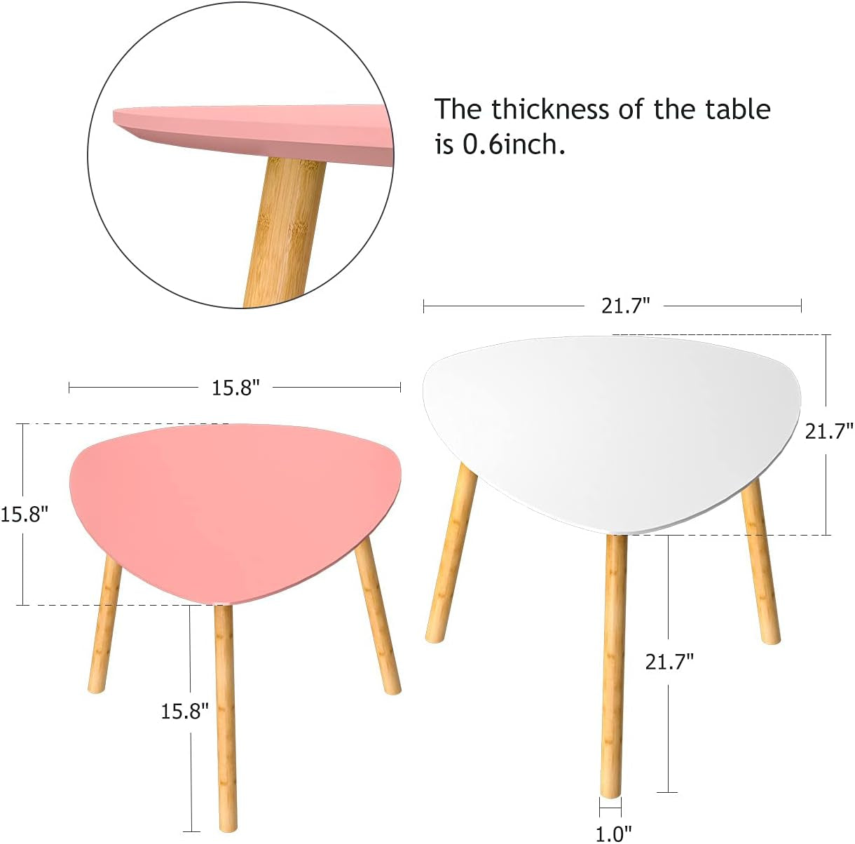 Chic Bamboo Nesting Coffee Tables Set - Modern Triangle End Tables in White & Pink for Stylish Living Rooms and Small Spaces