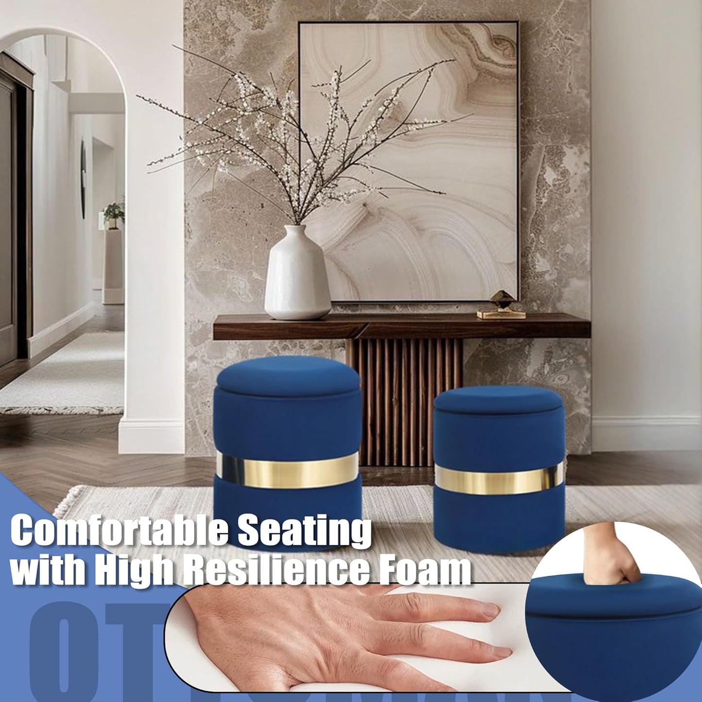 round Set of 2 Ottoman with Storage-Upholstered Velvet Vanity Stool for Makeup Multifunctional Ottomans Padded Seat Foot Rest for Living Room&Bedroom with Metal Band (Blue)