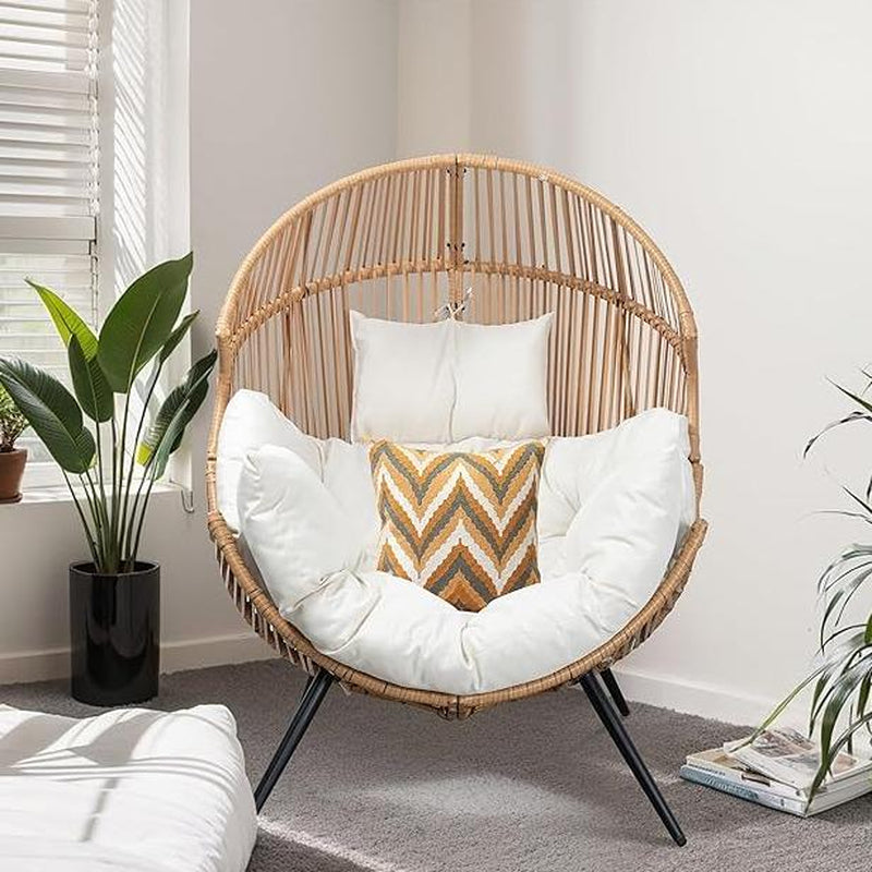 Walsunny Outdoor & Indoor Egg Chair Open Wicker Rattan Patio Chair, Oversized Lounger Chair with Cushion Basket for Bedroom, Balcony, Backyard