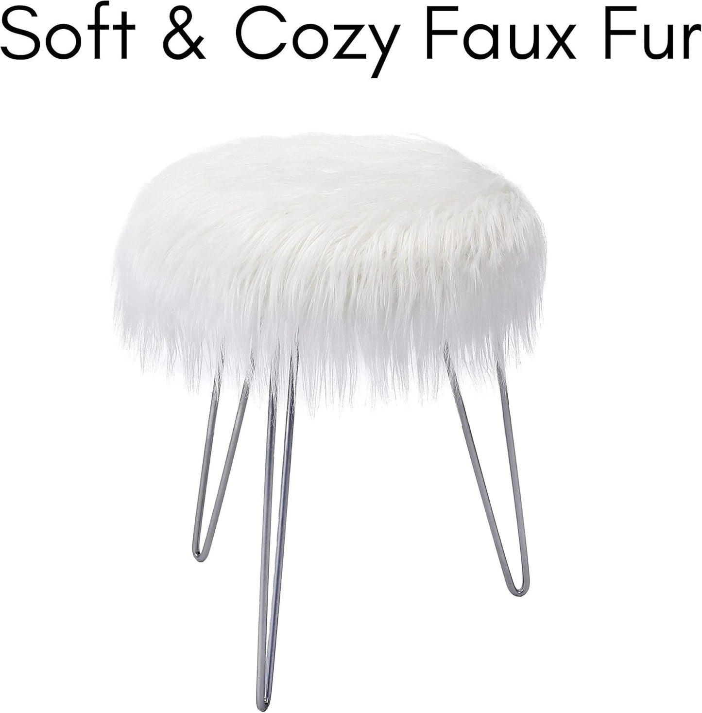 round Faux Fur Foot Stool Ottoman - Soft Compact Padded Vanity Seat with Silver Legs - Durable Wood Frame & Hair Pin Metal Legs - Ideal for Bedroom, Fluffy Makeup Vanity Seat - White