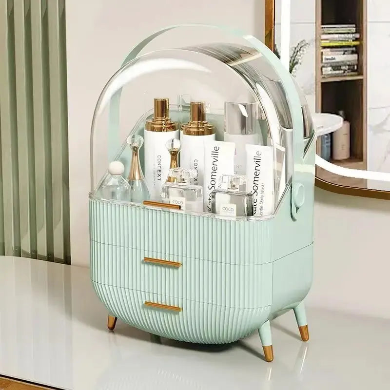 Elegant Large Capacity Makeup Organizer - Stylish Cosmetic Storage Box with Acrylic Lid and Golden Handle