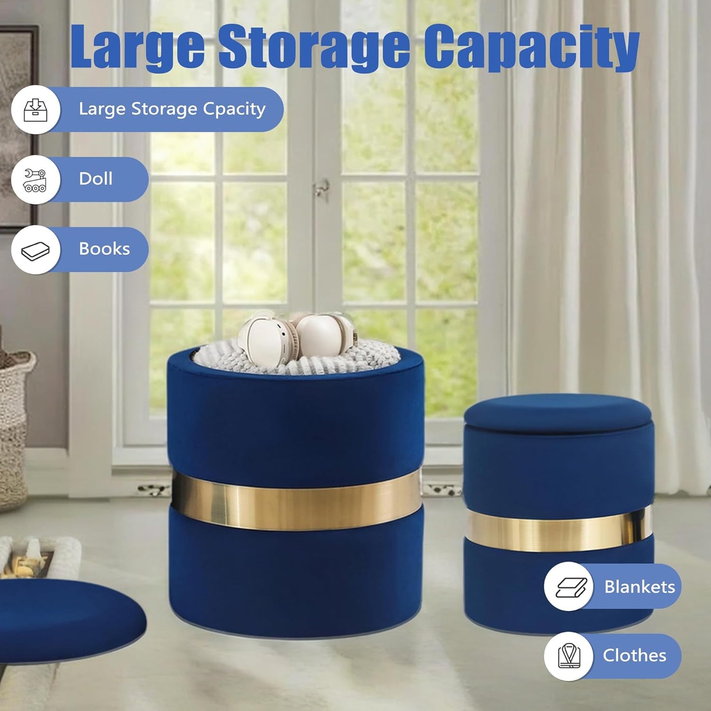 round Set of 2 Ottoman with Storage-Upholstered Velvet Vanity Stool for Makeup Multifunctional Ottomans Padded Seat Foot Rest for Living Room&Bedroom with Metal Band (Blue)