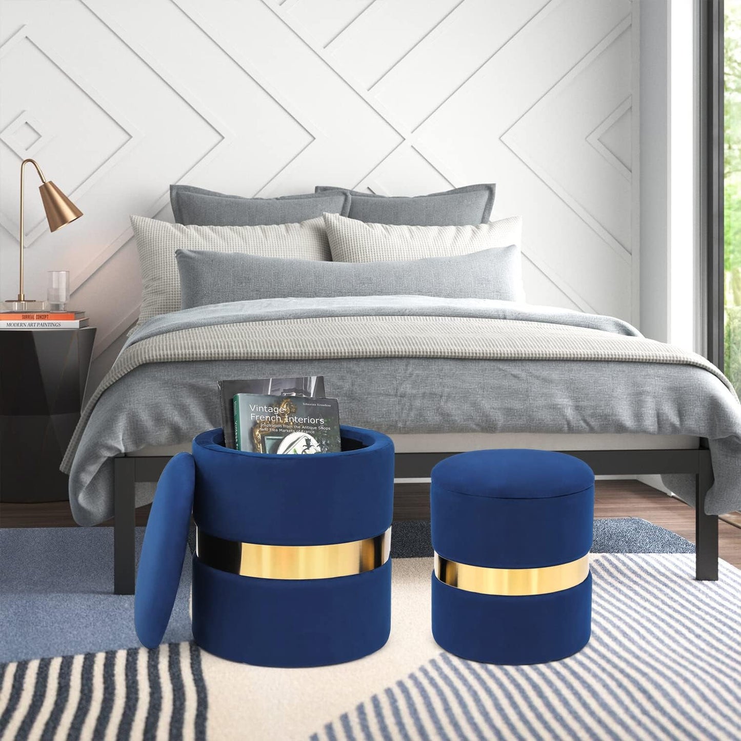 round Set of 2 Ottoman with Storage-Upholstered Velvet Vanity Stool for Makeup Multifunctional Ottomans Padded Seat Foot Rest for Living Room&Bedroom with Metal Band (Blue)