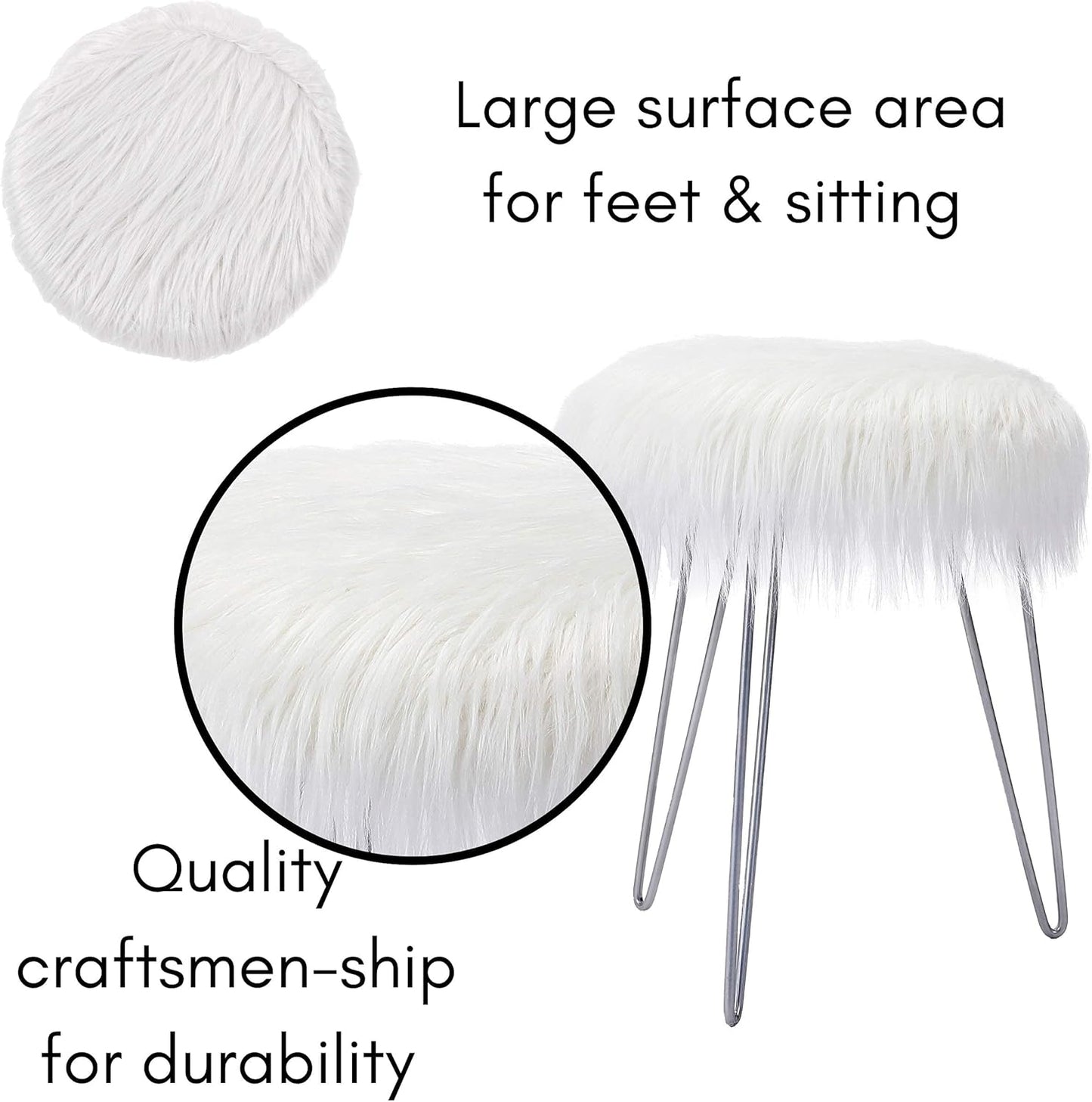 round Faux Fur Foot Stool Ottoman - Soft Compact Padded Vanity Seat with Silver Legs - Durable Wood Frame & Hair Pin Metal Legs - Ideal for Bedroom, Fluffy Makeup Vanity Seat - White