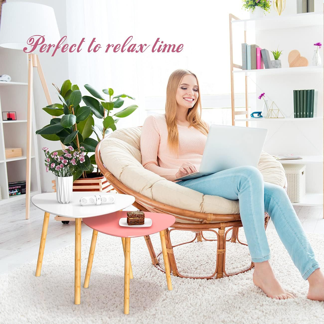 Chic Bamboo Nesting Coffee Tables Set - Modern Triangle End Tables in White & Pink for Stylish Living Rooms and Small Spaces