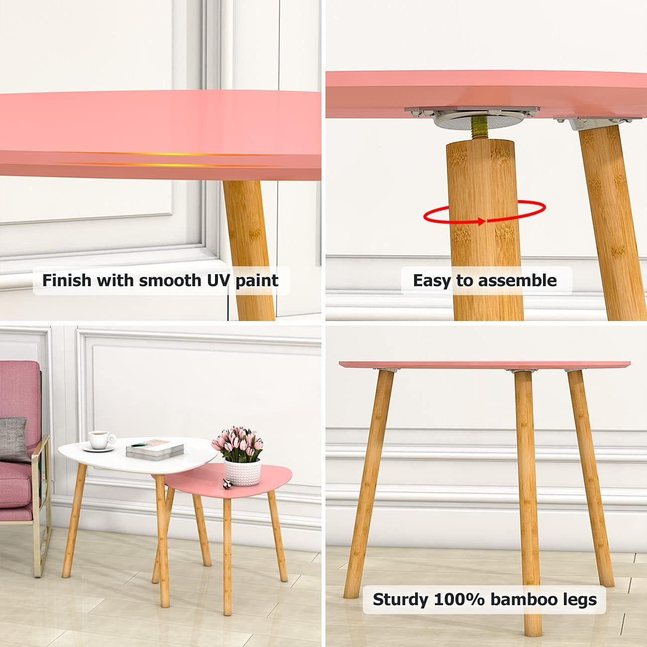Chic Bamboo Nesting Coffee Tables Set - Modern Triangle End Tables in White & Pink for Stylish Living Rooms and Small Spaces