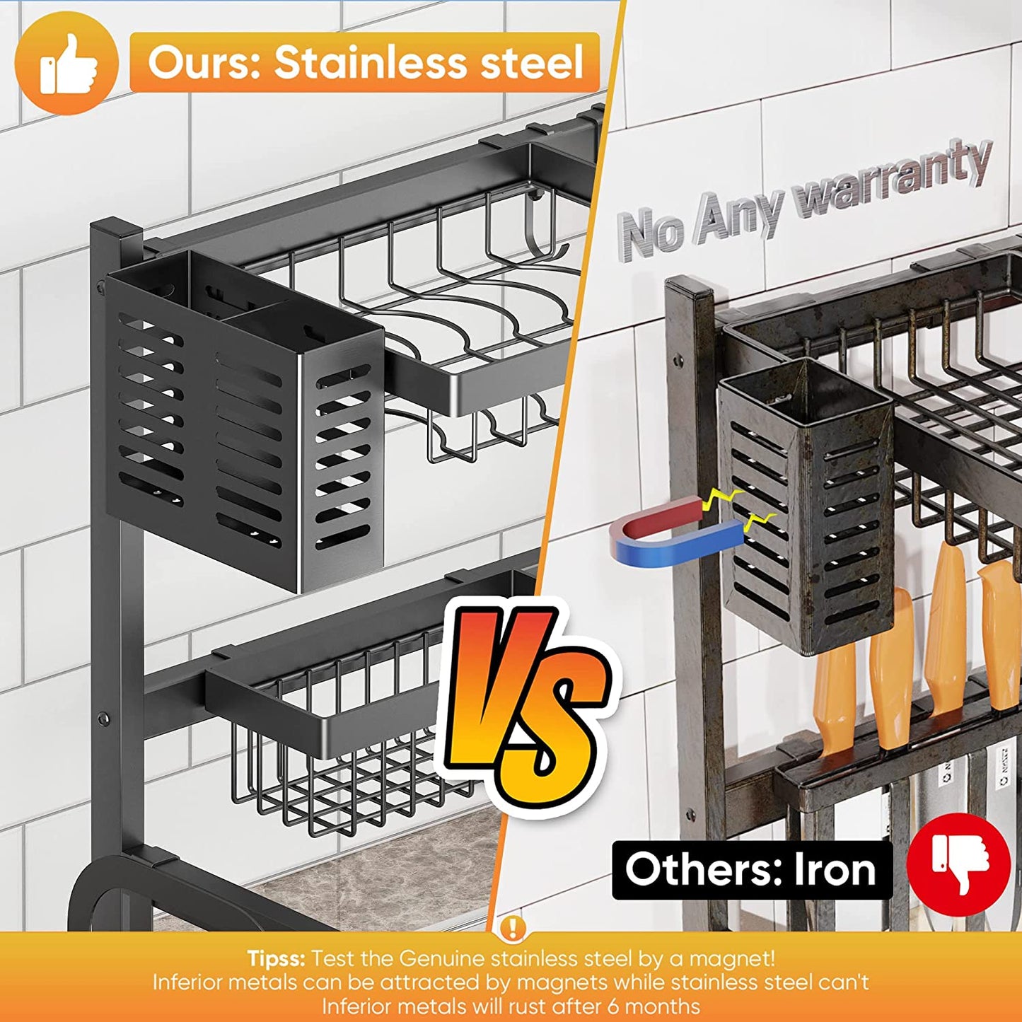 Adjustable Stainless Steel Over-Sink Dish Drying Rack, Large 2-Tier Kitchen Organizer (26"-38") - Black