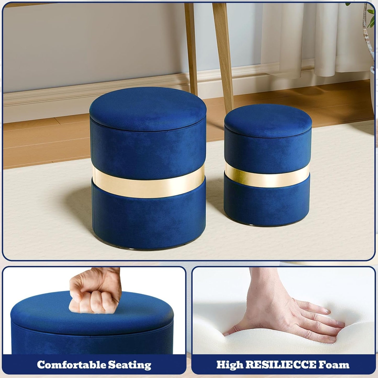 round Set of 2 Ottoman with Storage-Upholstered Velvet Vanity Stool for Makeup Multifunctional Ottomans Padded Seat Foot Rest for Living Room&Bedroom with Metal Band (Blue)