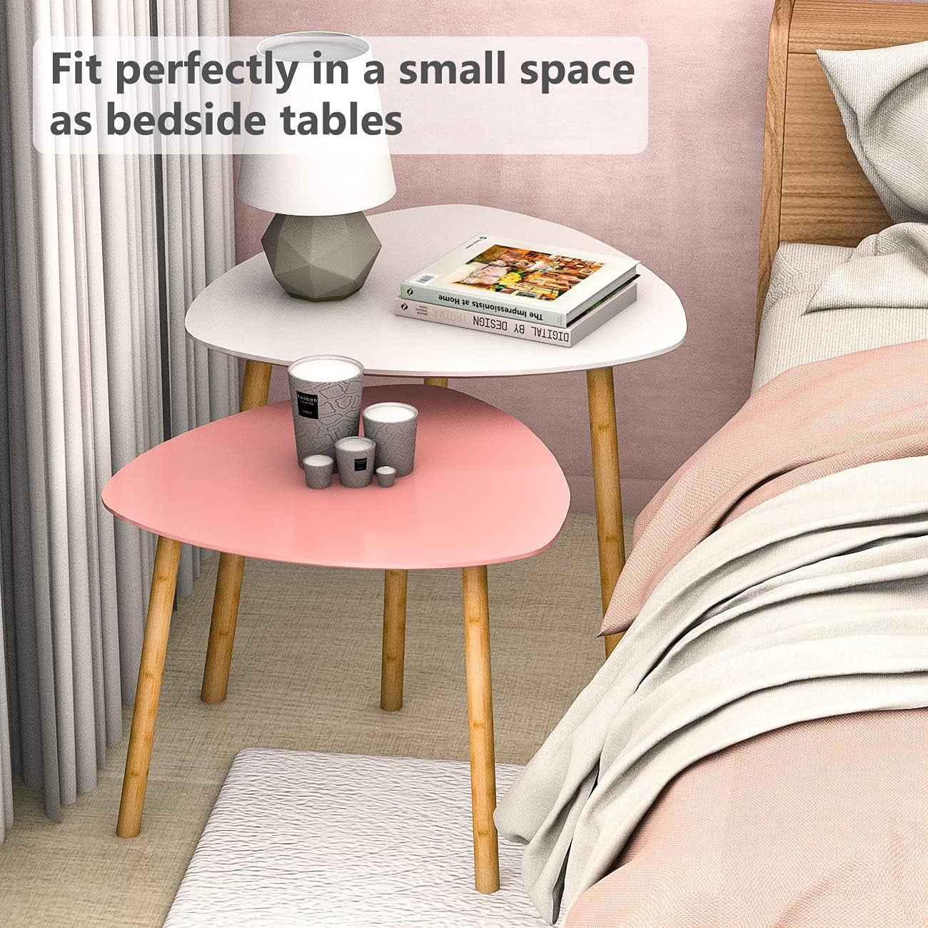 Chic Bamboo Nesting Coffee Tables Set - Modern Triangle End Tables in White & Pink for Stylish Living Rooms and Small Spaces