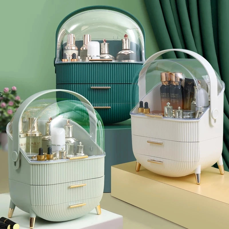 Elegant Large Capacity Makeup Organizer - Stylish Cosmetic Storage Box with Acrylic Lid and Golden Handle