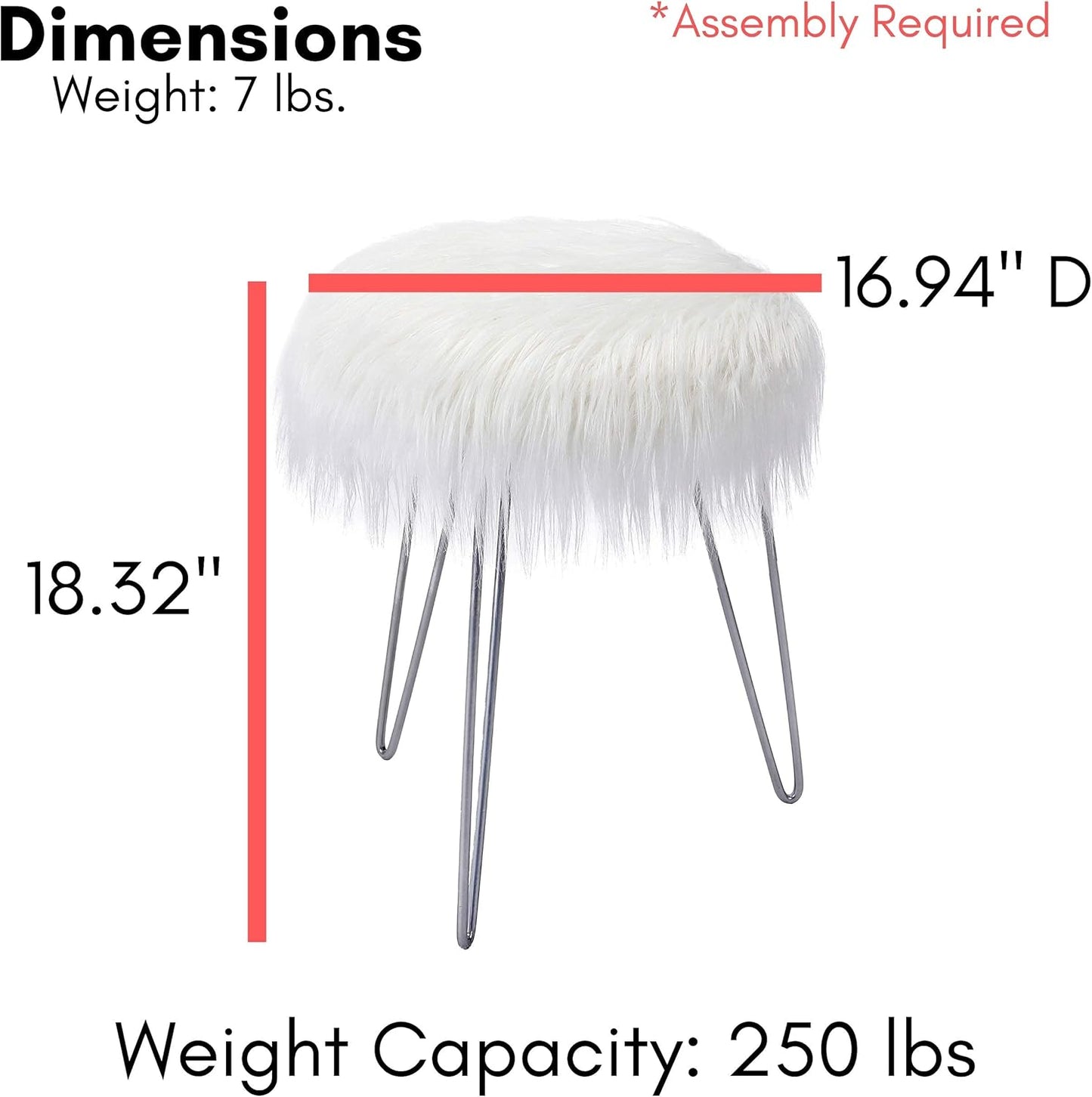 round Faux Fur Foot Stool Ottoman - Soft Compact Padded Vanity Seat with Silver Legs - Durable Wood Frame & Hair Pin Metal Legs - Ideal for Bedroom, Fluffy Makeup Vanity Seat - White