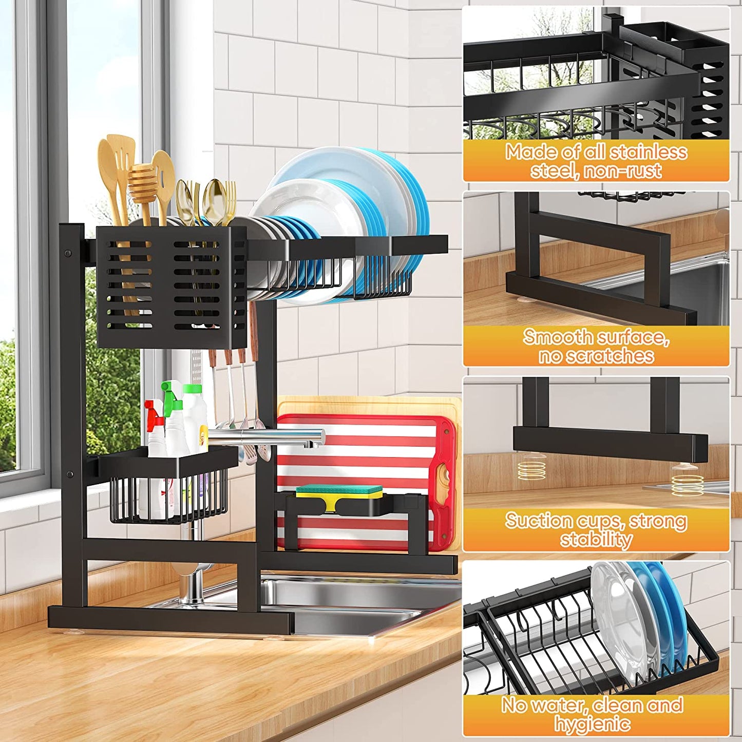 Adjustable Stainless Steel Over-Sink Dish Drying Rack, Large 2-Tier Kitchen Organizer (26"-38") - Black
