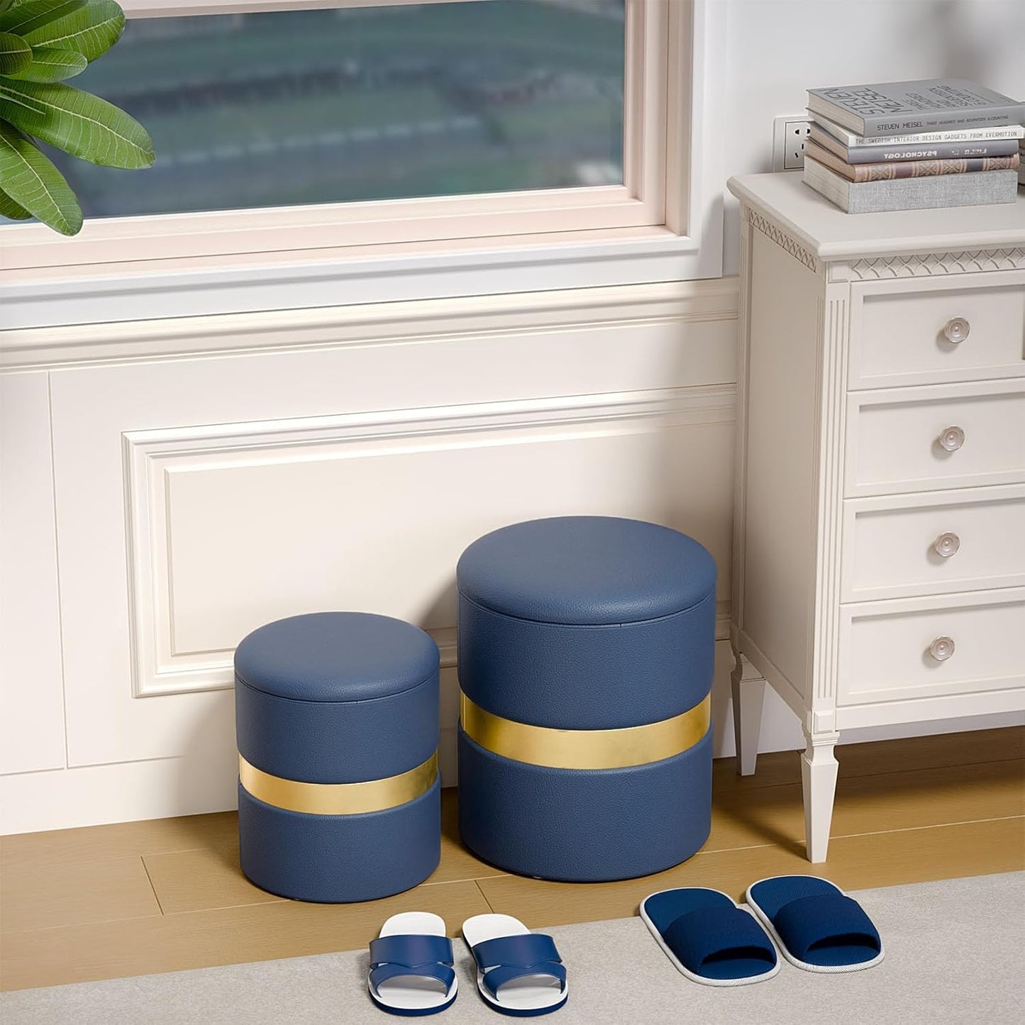 round Set of 2 Ottoman with Storage-Upholstered Velvet Vanity Stool for Makeup Multifunctional Ottomans Padded Seat Foot Rest for Living Room&Bedroom with Metal Band (Blue)