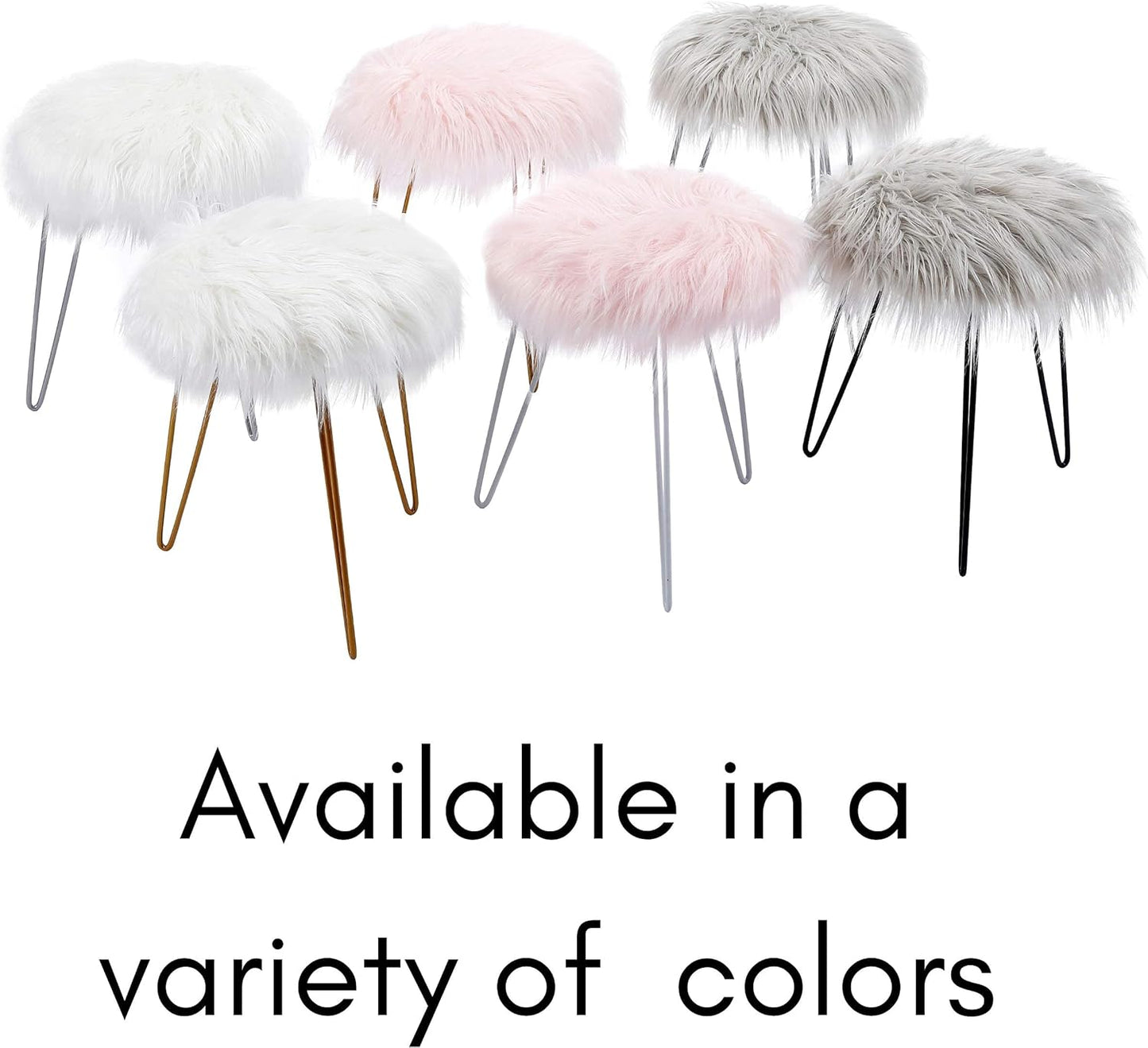 round Faux Fur Foot Stool Ottoman - Soft Compact Padded Vanity Seat with Silver Legs - Durable Wood Frame & Hair Pin Metal Legs - Ideal for Bedroom, Fluffy Makeup Vanity Seat - White