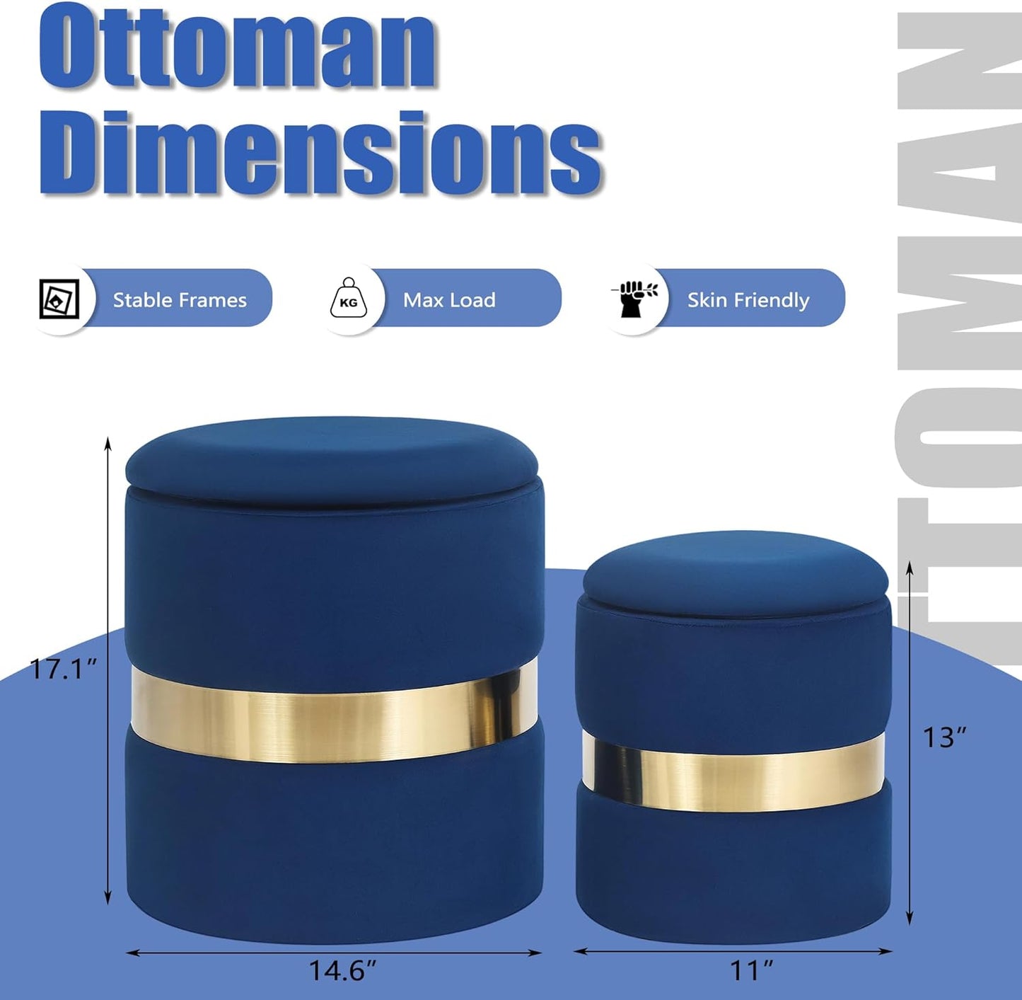 round Set of 2 Ottoman with Storage-Upholstered Velvet Vanity Stool for Makeup Multifunctional Ottomans Padded Seat Foot Rest for Living Room&Bedroom with Metal Band (Blue)