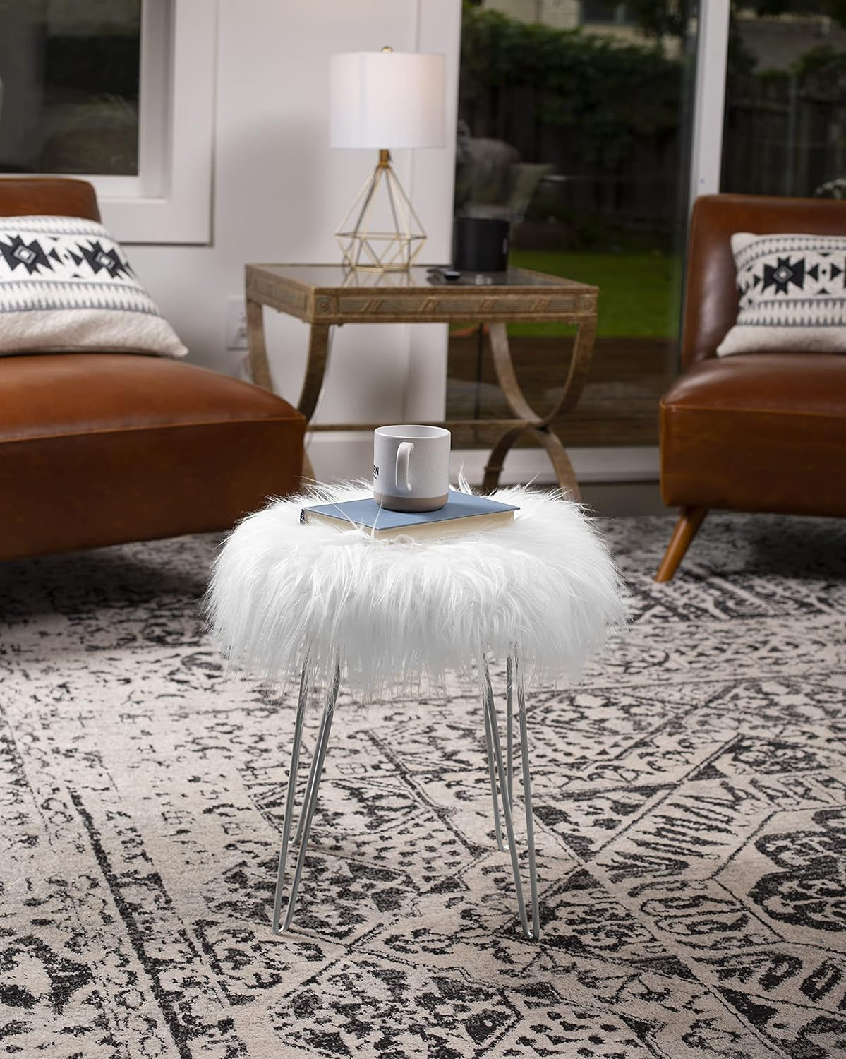 round Faux Fur Foot Stool Ottoman - Soft Compact Padded Vanity Seat with Silver Legs - Durable Wood Frame & Hair Pin Metal Legs - Ideal for Bedroom, Fluffy Makeup Vanity Seat - White