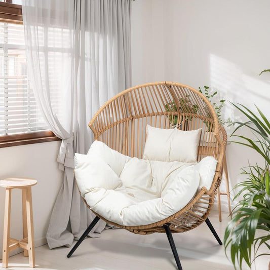 Walsunny Outdoor & Indoor Egg Chair Open Wicker Rattan Patio Chair, Oversized Lounger Chair with Cushion Basket for Bedroom, Balcony, Backyard