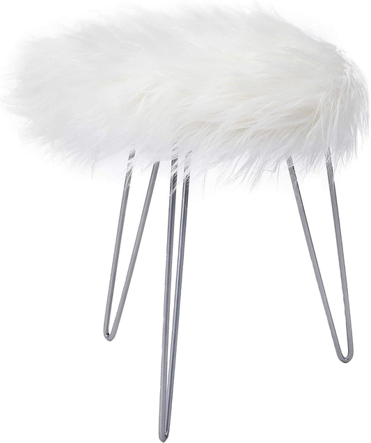 round Faux Fur Foot Stool Ottoman - Soft Compact Padded Vanity Seat with Silver Legs - Durable Wood Frame & Hair Pin Metal Legs - Ideal for Bedroom, Fluffy Makeup Vanity Seat - White