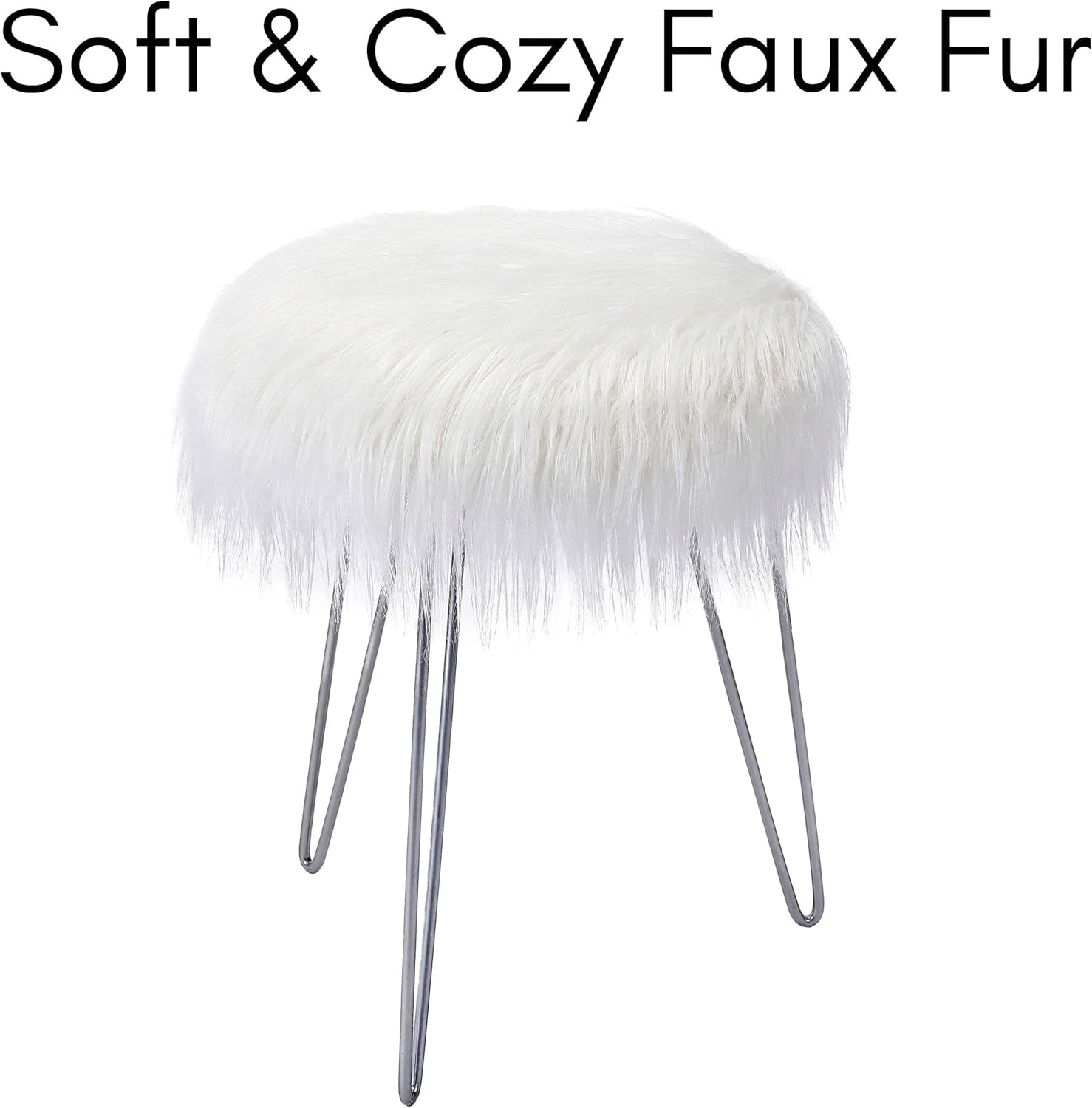 round Faux Fur Foot Stool Ottoman - Soft Compact Padded Vanity Seat with Silver Legs - Durable Wood Frame & Hair Pin Metal Legs - Ideal for Bedroom, Fluffy Makeup Vanity Seat - White