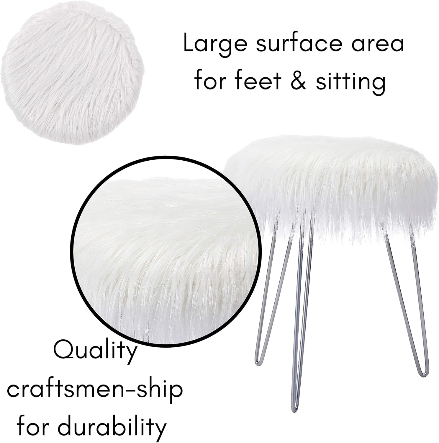 round Faux Fur Foot Stool Ottoman - Soft Compact Padded Vanity Seat with Silver Legs - Durable Wood Frame & Hair Pin Metal Legs - Ideal for Bedroom, Fluffy Makeup Vanity Seat - White