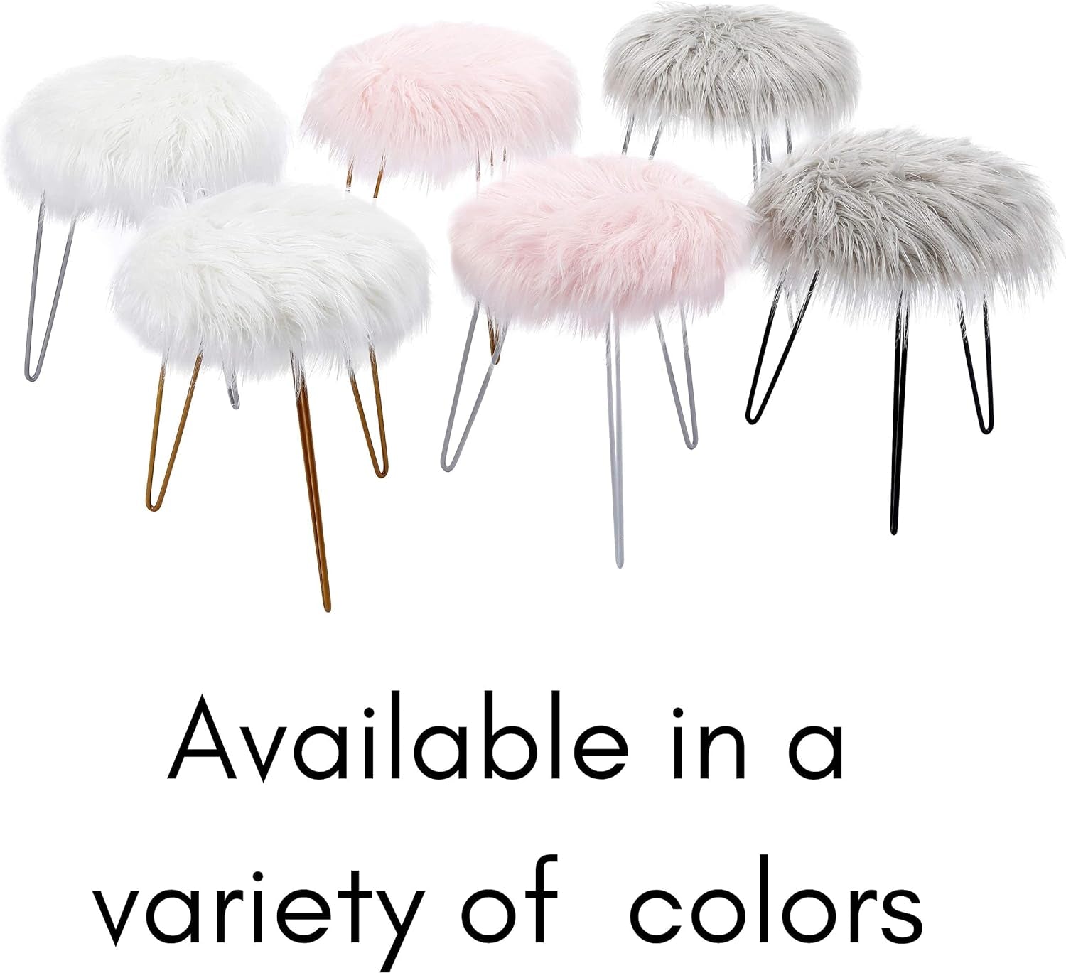 round Faux Fur Foot Stool Ottoman - Soft Compact Padded Vanity Seat with Silver Legs - Durable Wood Frame & Hair Pin Metal Legs - Ideal for Bedroom, Fluffy Makeup Vanity Seat - White