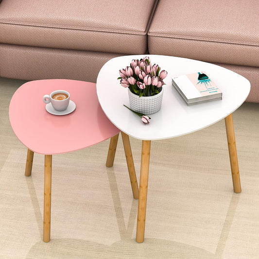 Chic Bamboo Nesting Coffee Tables Set - Modern Triangle End Tables in White & Pink for Stylish Living Rooms and Small Spaces