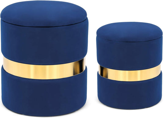Set of 2 Round Ottoman with Storage-Upholstered Velvet Vanity Stool for Makeup Multifunctional Ottomans Padded Seat Foot Rest for Living Room&Bedroom with Metal Band (Blue)